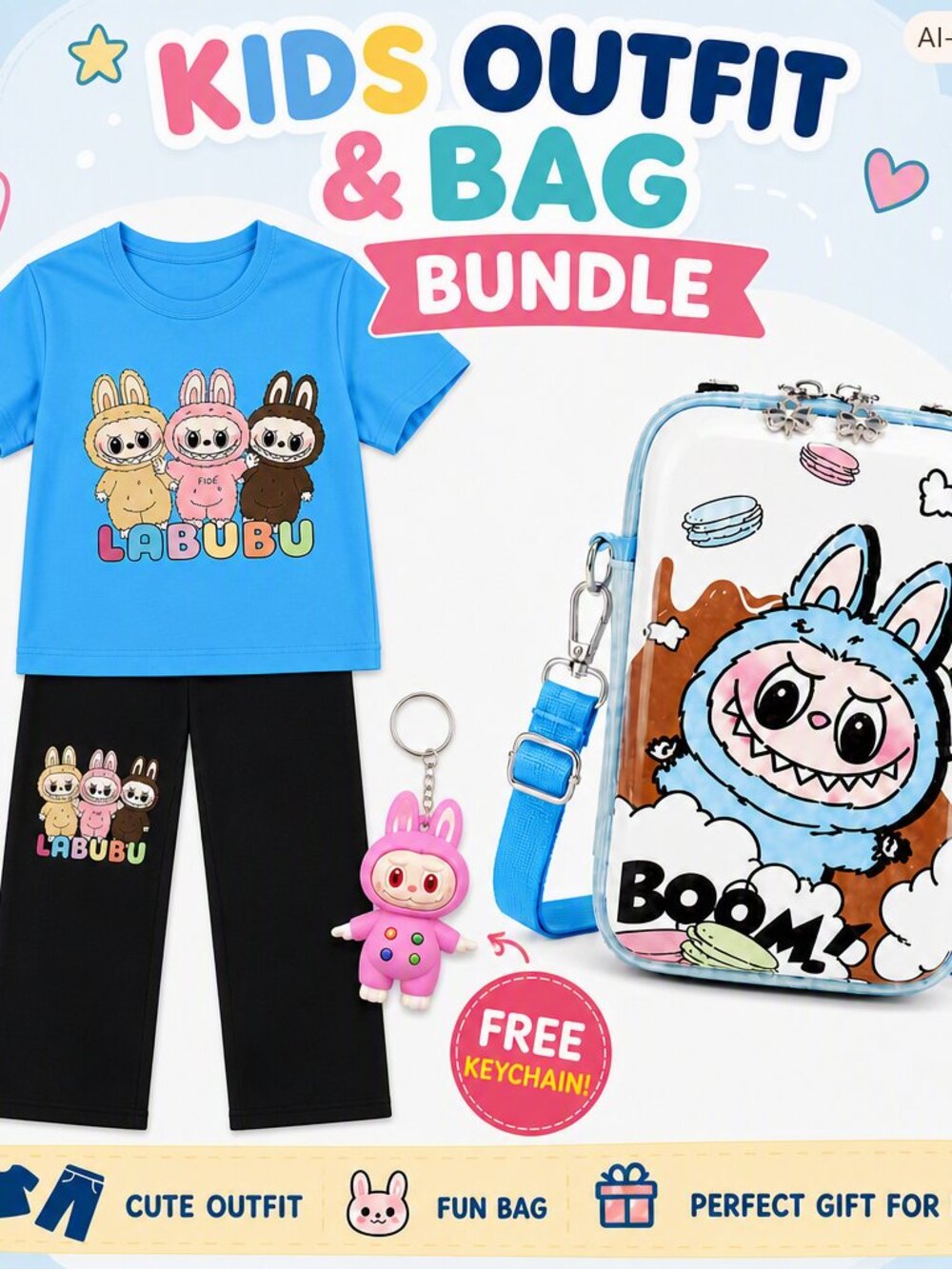 Girls 4-Piece Kawaii Cartoon Outfit Set | Tee, Pants, Bag & Keychain